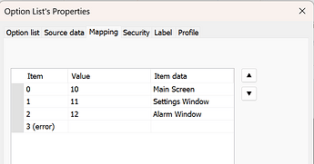 Mapping tab in option list properties