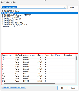 Device Properties OMRON CJ/CS/CP