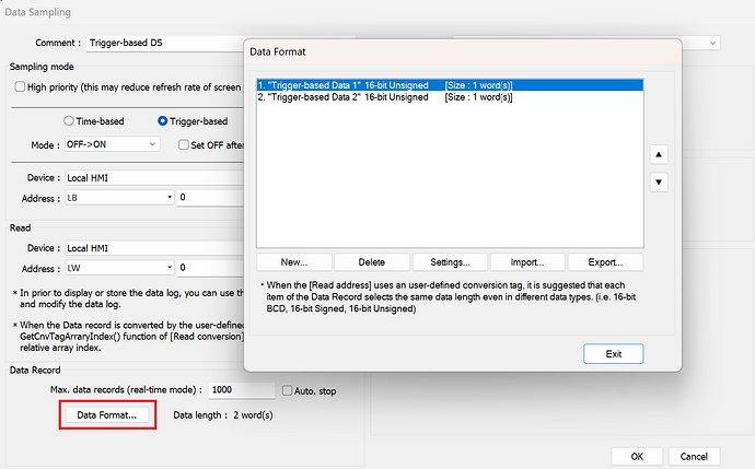 Trigger-based Data Sampling settings